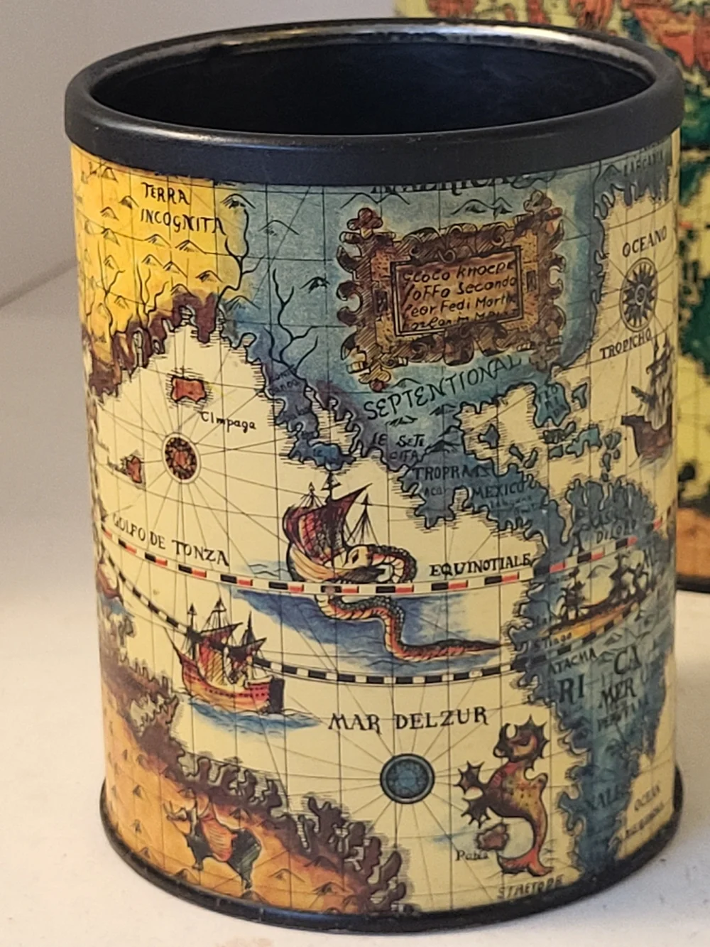 Mid-Century Tin Litho Old World Map 2pc Desk Set Japan